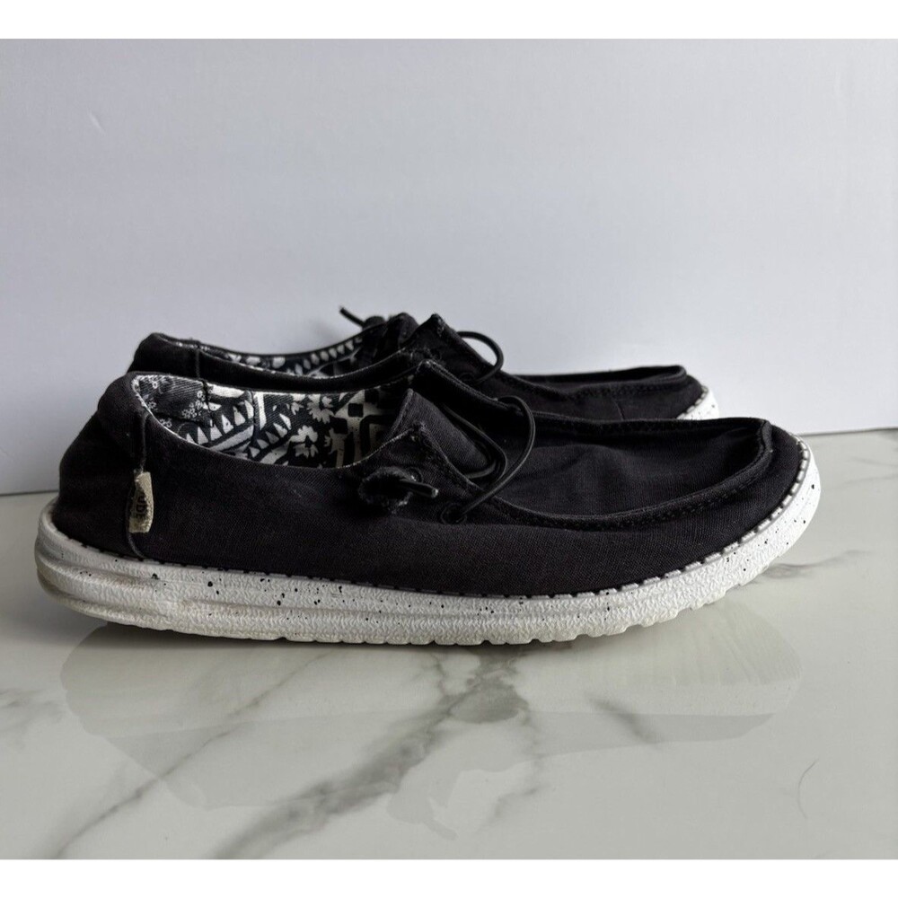 Hey Dude Wendy Basic Black Odyssey Women Size 9 Speckled Sole Canvas Loafers